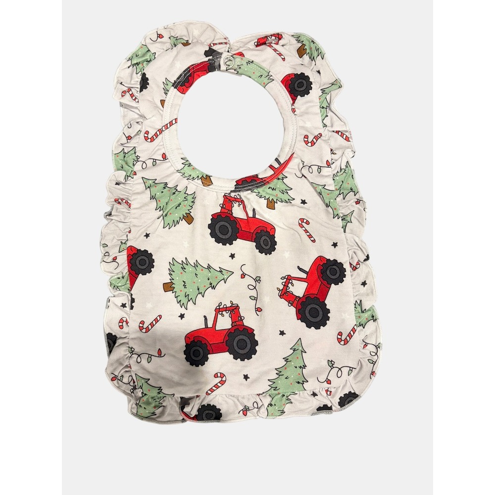 Holiday Red Tractor Christmas Tree‎ Ruffle Baby Bib Snap Closure White